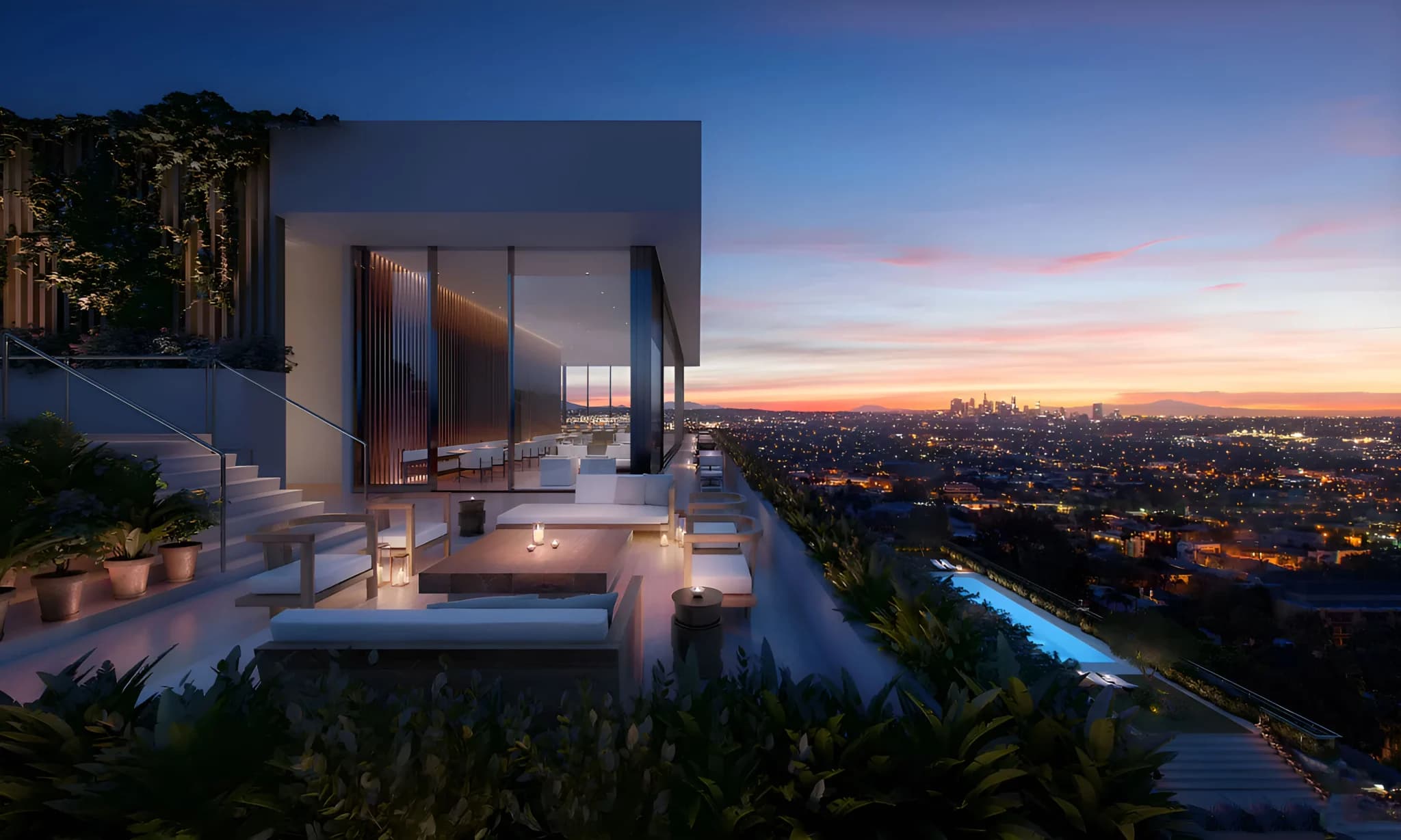 A modern luxury estate at twilight, floor-to-ceiling glass glowing against the landscape